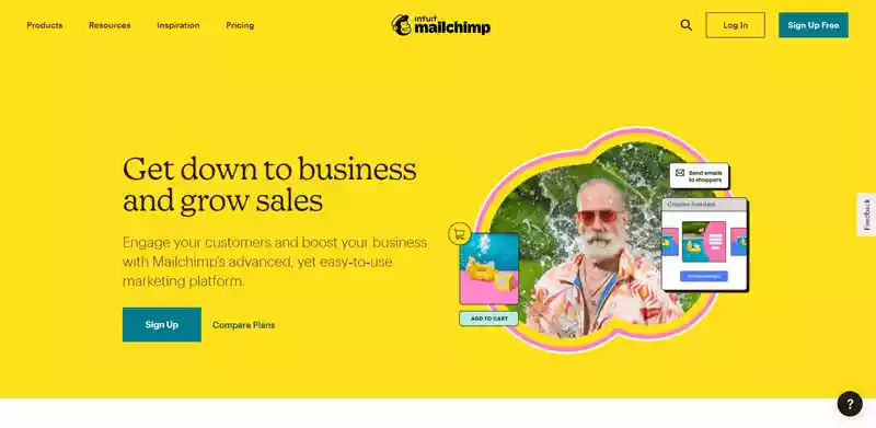 الصفحة الرئيسية لموقع MailChimp لخدمات البريد الإلكتروني والقوائم البريدية إحدى أدوات التسويق الإلكتروني المهمة