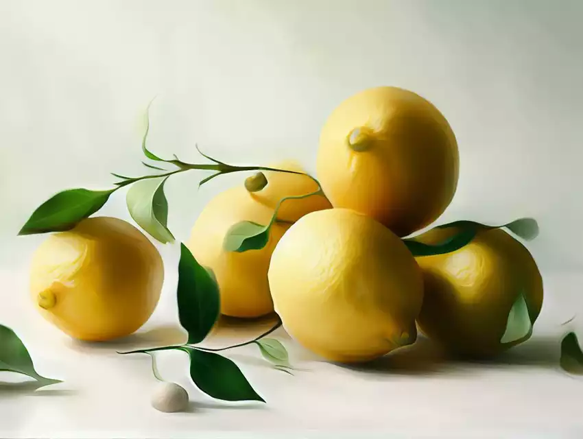 صورة إفتراضية لحبات من الليمون مع أوراق النعناع تم توليدها باستخدام تقنيات الذكاء الاصطناعي